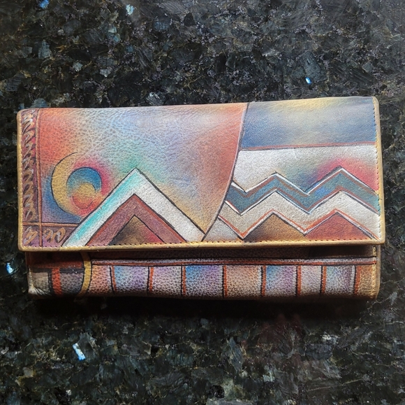 Anuschka Genuine Leather Hand Painted Clutch Crossbody Purse Wallet Organizer - Picture 1 of 16